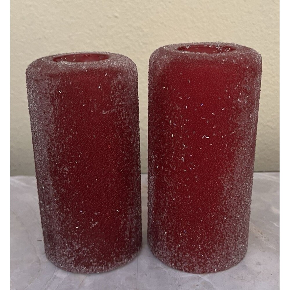 Vtg 80s Set of 2 Red Glitter Christmas Pillar Round Candles 6 1/8" & 6 3/8"